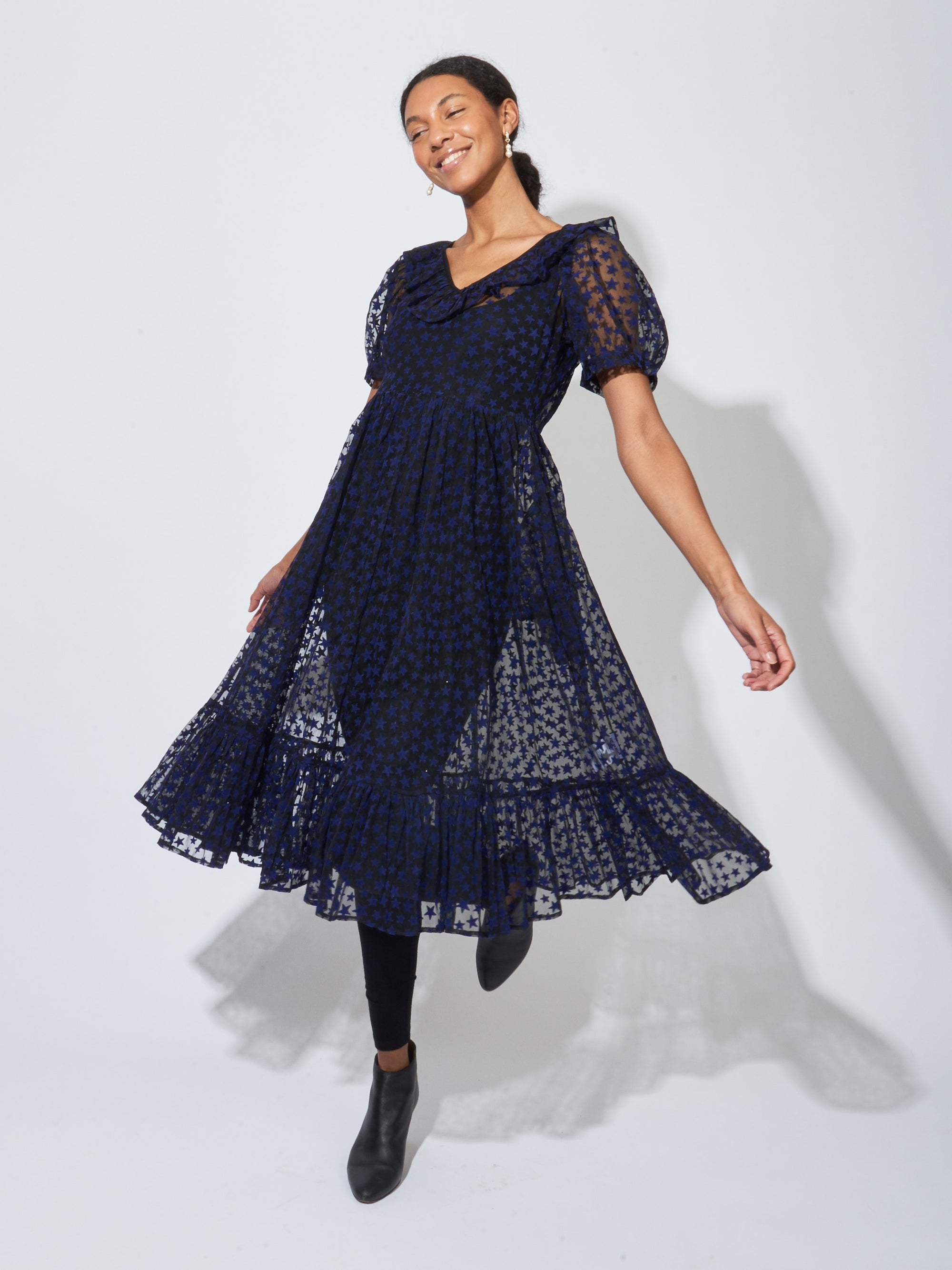 Batsheva - Frances May Flocked Ruffle Midnight May Star – Blue Dress
