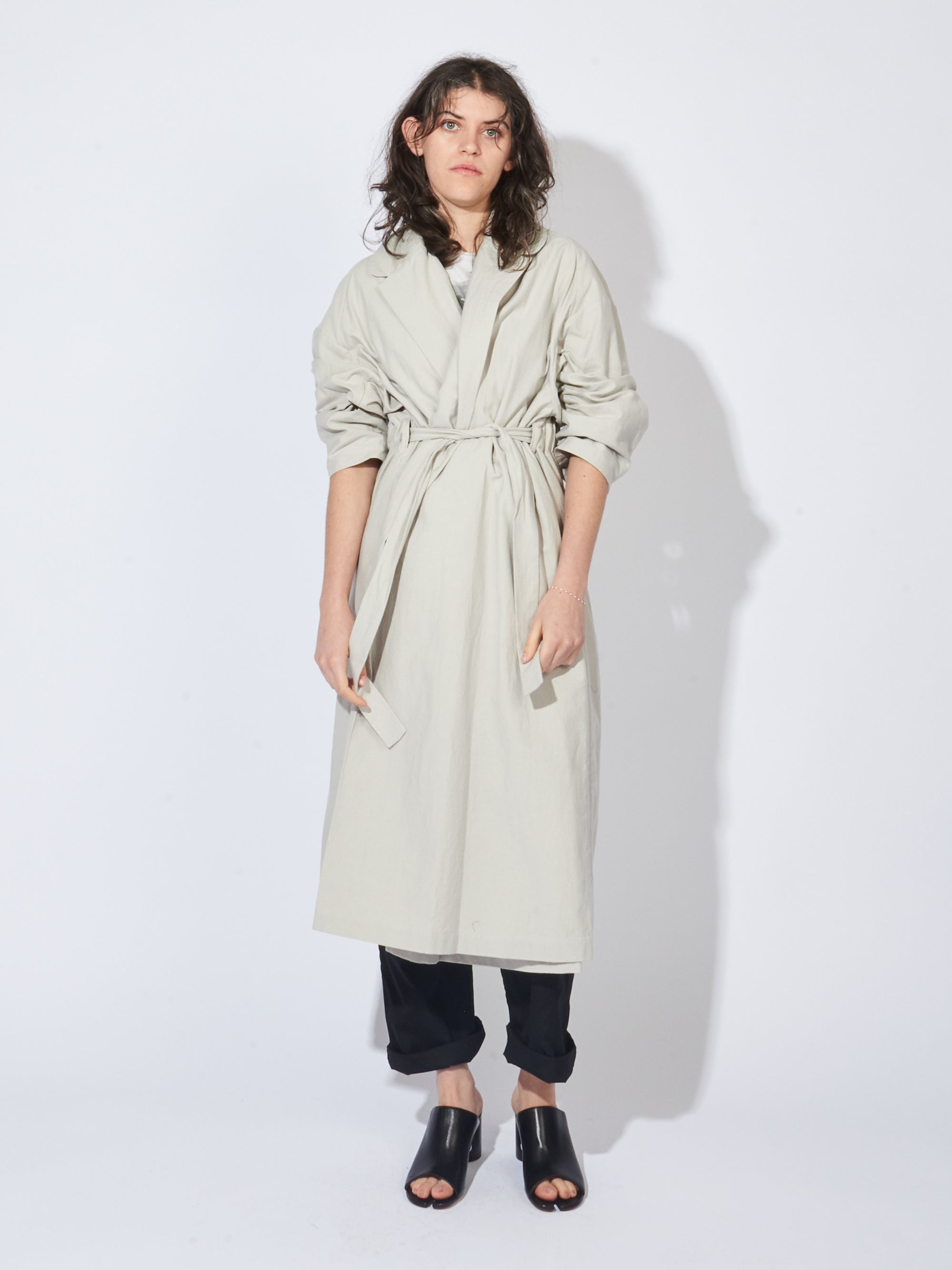 Cosmic Wonder - Light Grey Classic Back Satin Belted Coat