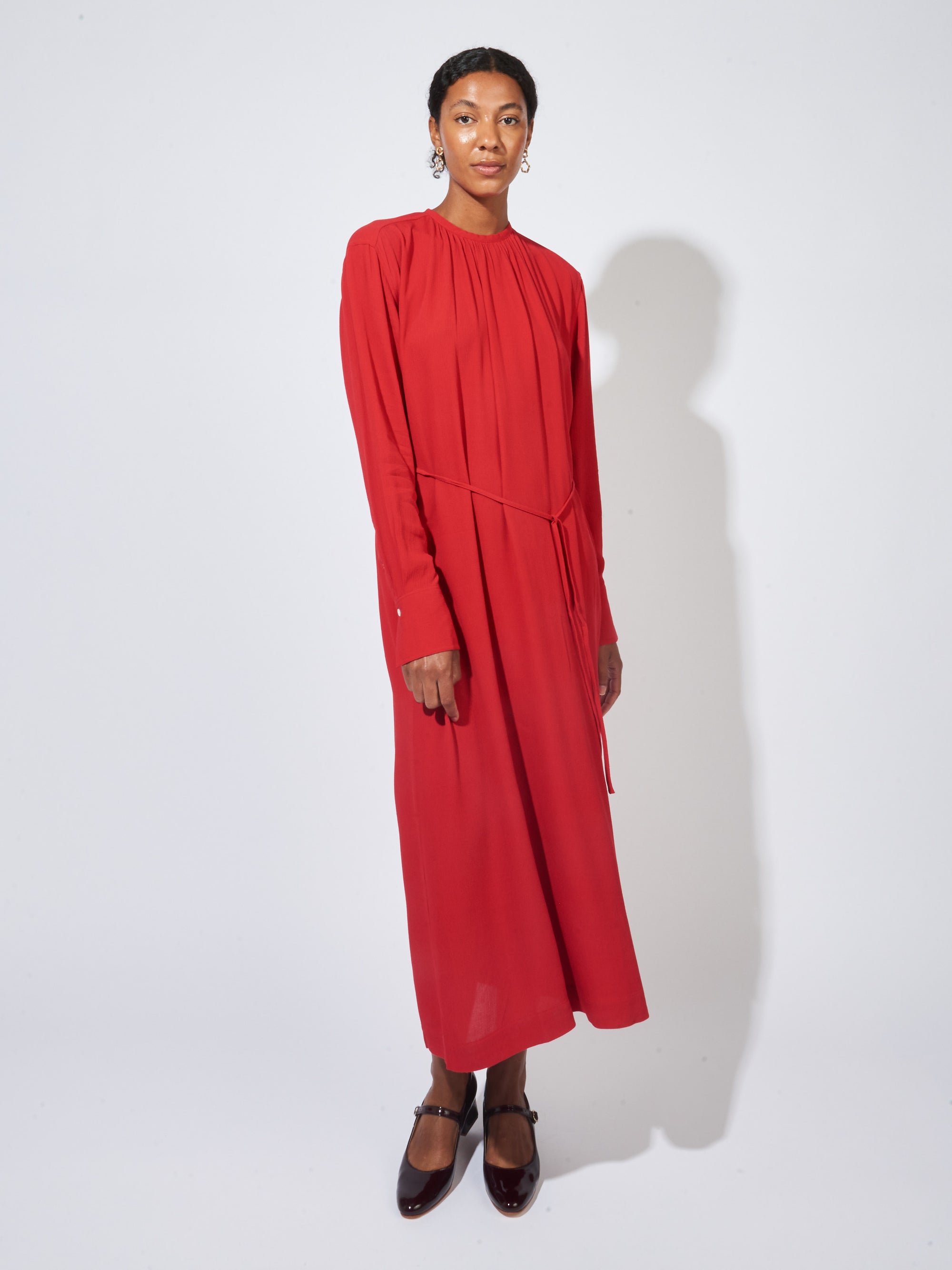 Red Gathered-Neck Crepe Dress